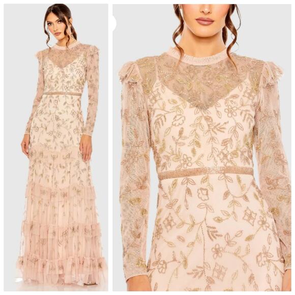 Mac Duggal Dresses & Skirts - Mac Duggal 9237 Blush Beaded Tulle Formal Gown Long Sleeve Size 20 Dress